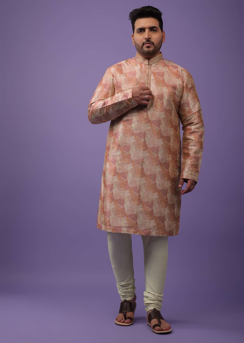 Peach Kurta Set With Print And Brocade Weave Buttis In Bangalore Silk
