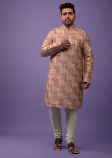 Peach Kurta Set In Bangalore Silk With Print And Brocade Weave Buttis