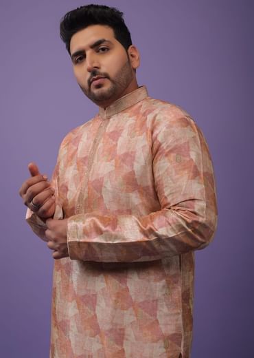 Peach Kurta Set In Bangalore Silk With Print And Brocade Weave Buttis