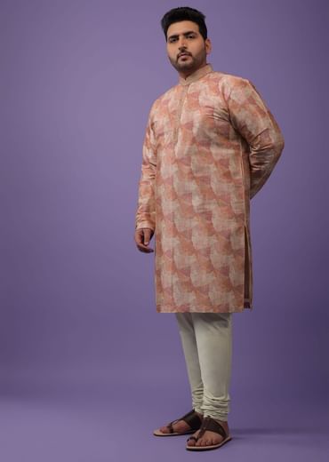 Peach Kurta Set In Bangalore Silk With Print And Brocade Weave Buttis
