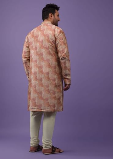 Peach Kurta Set In Bangalore Silk With Print And Brocade Weave Buttis
