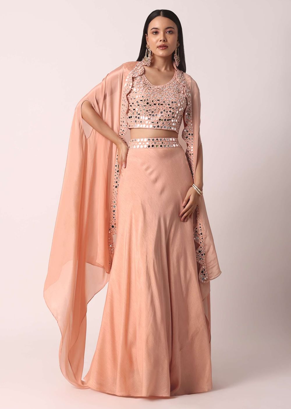 Peach Lehenga Set With Mirror Work Jacket