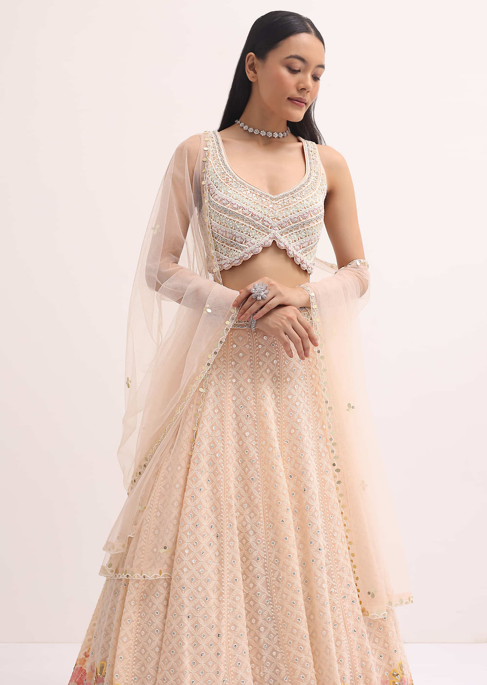 Peach Lehenga With Embroidered Choli And Dupatta