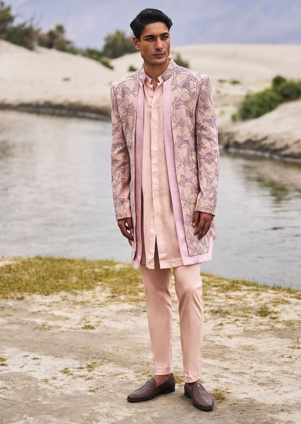 Peach Linen Sherwani With Hand Embroidery