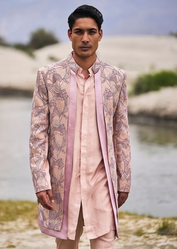 Peach Linen Sherwani With Hand Embroidery