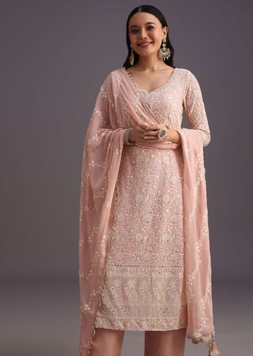 Peach Lucknowi Kurti With Resham Dupatta And Gotta Work Border