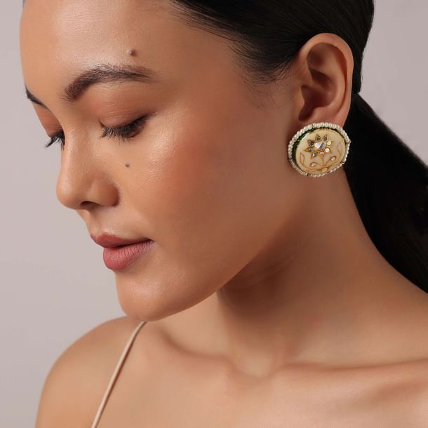 Peach Meenakari Stud Earrings With Studded Stones Peach Meenakari Stud Earrings With Studded Stones