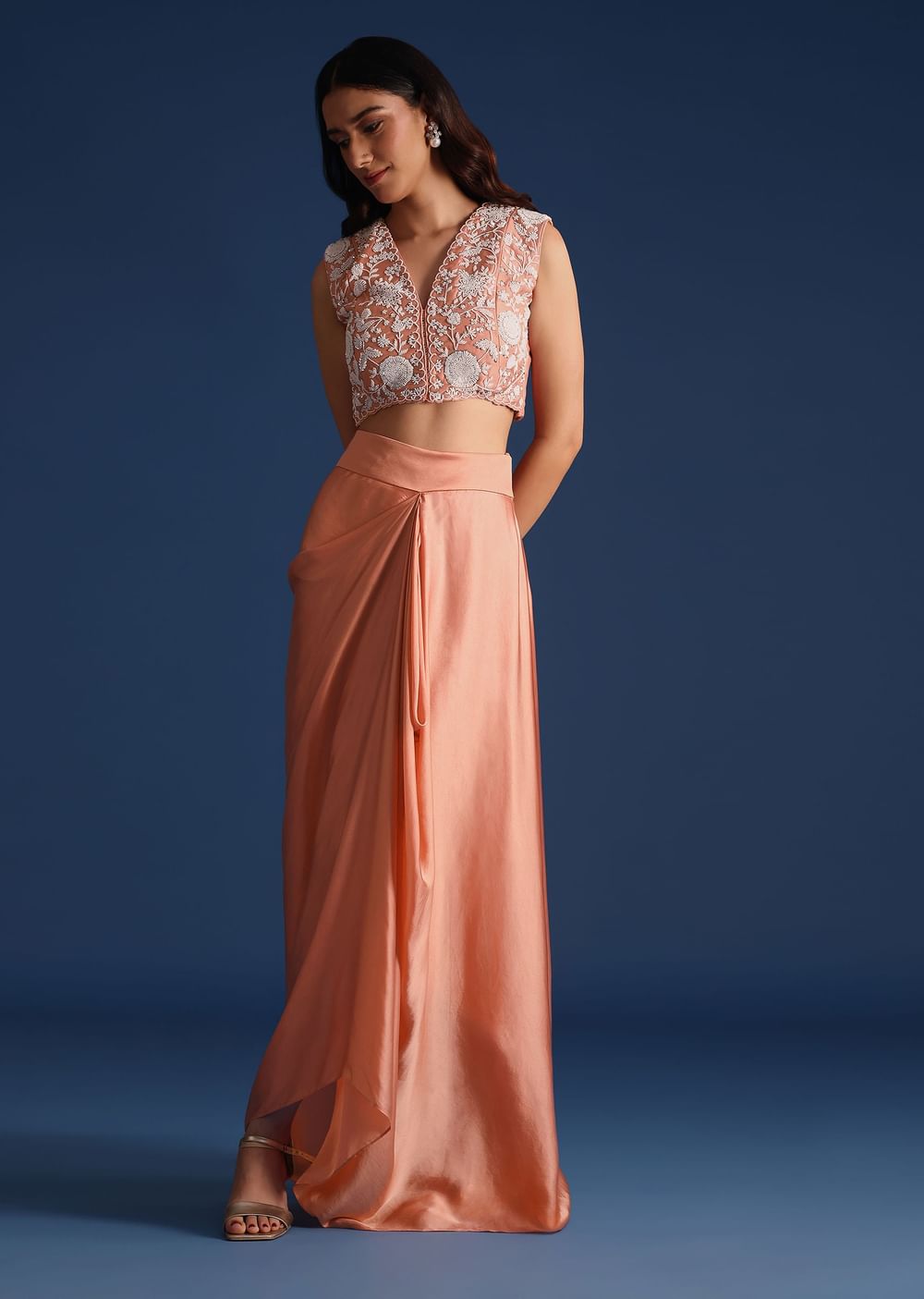 Peach Moti Work Jacket With Skirt And Crop Top