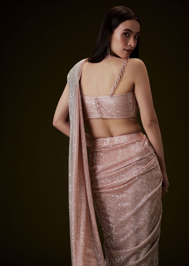 Peach Ombre Pre Drape Saree With Off Shoulder Boat Neck Blouse