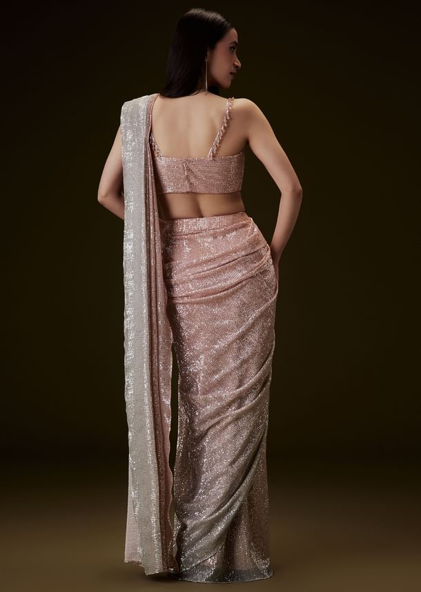 Peach Ombre Pre Drape Saree With Off Shoulder Boat Neck Blouse