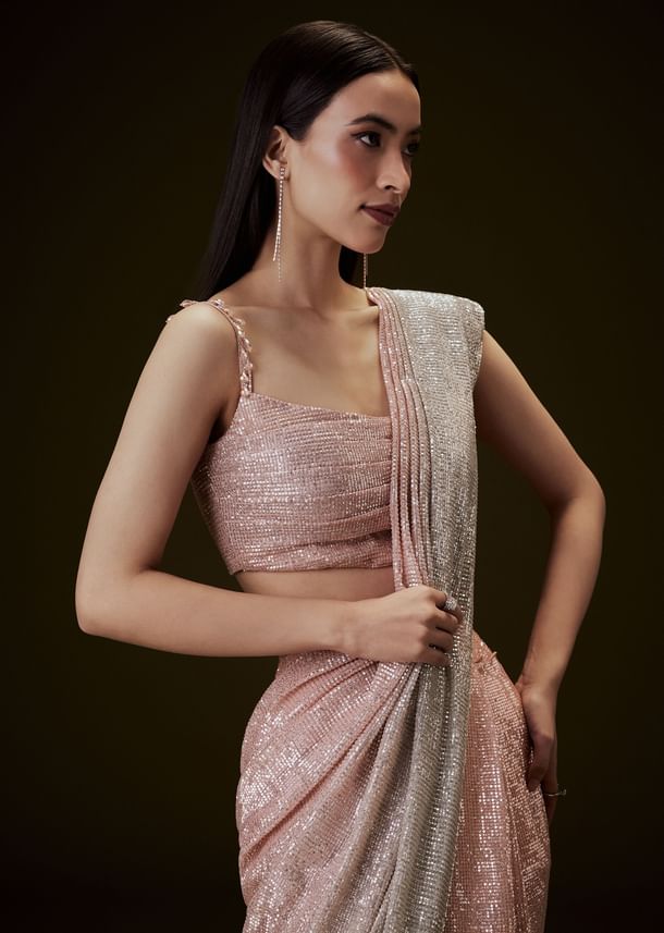 Peach Ombre Pre Drape Saree With Off Shoulder Boat Neck Blouse