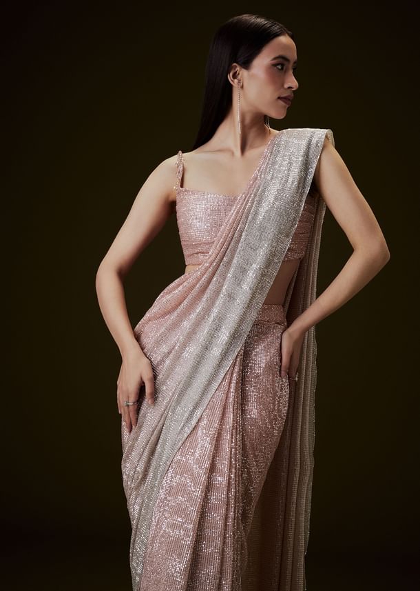Peach Ombre Pre Drape Saree With Off Shoulder Boat Neck Blouse