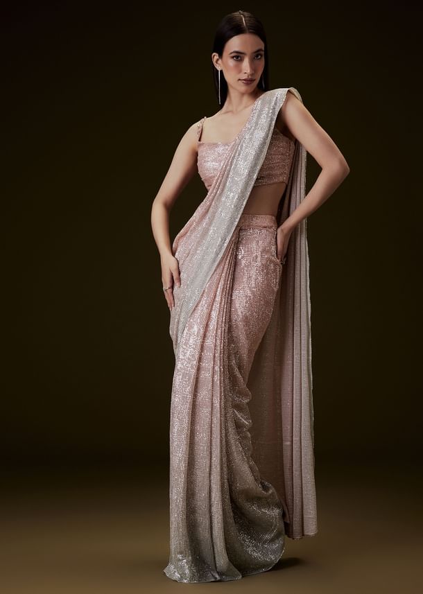 Peach Ombre Pre Drape Saree With Off Shoulder Boat Neck Blouse