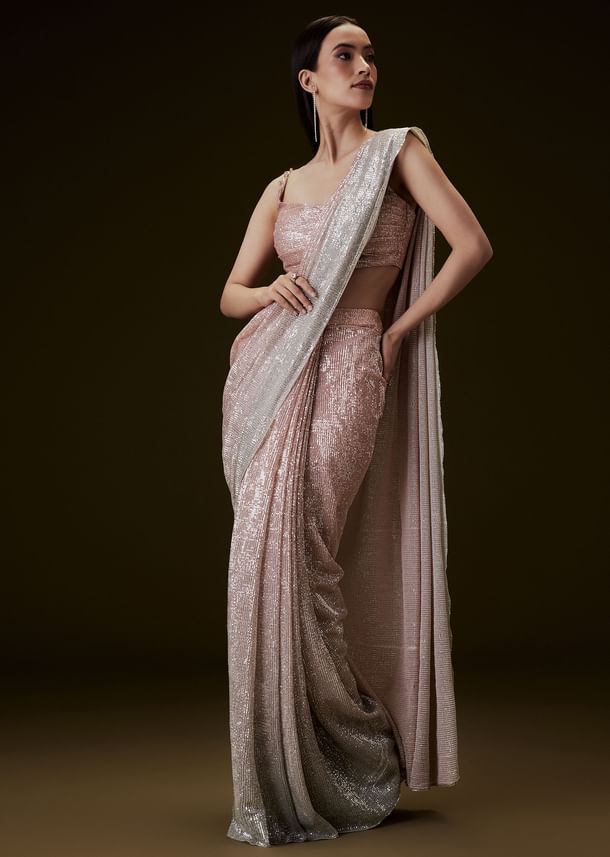 Peach Ombre Pre Drape Saree With Off Shoulder Boat Neck Blouse
