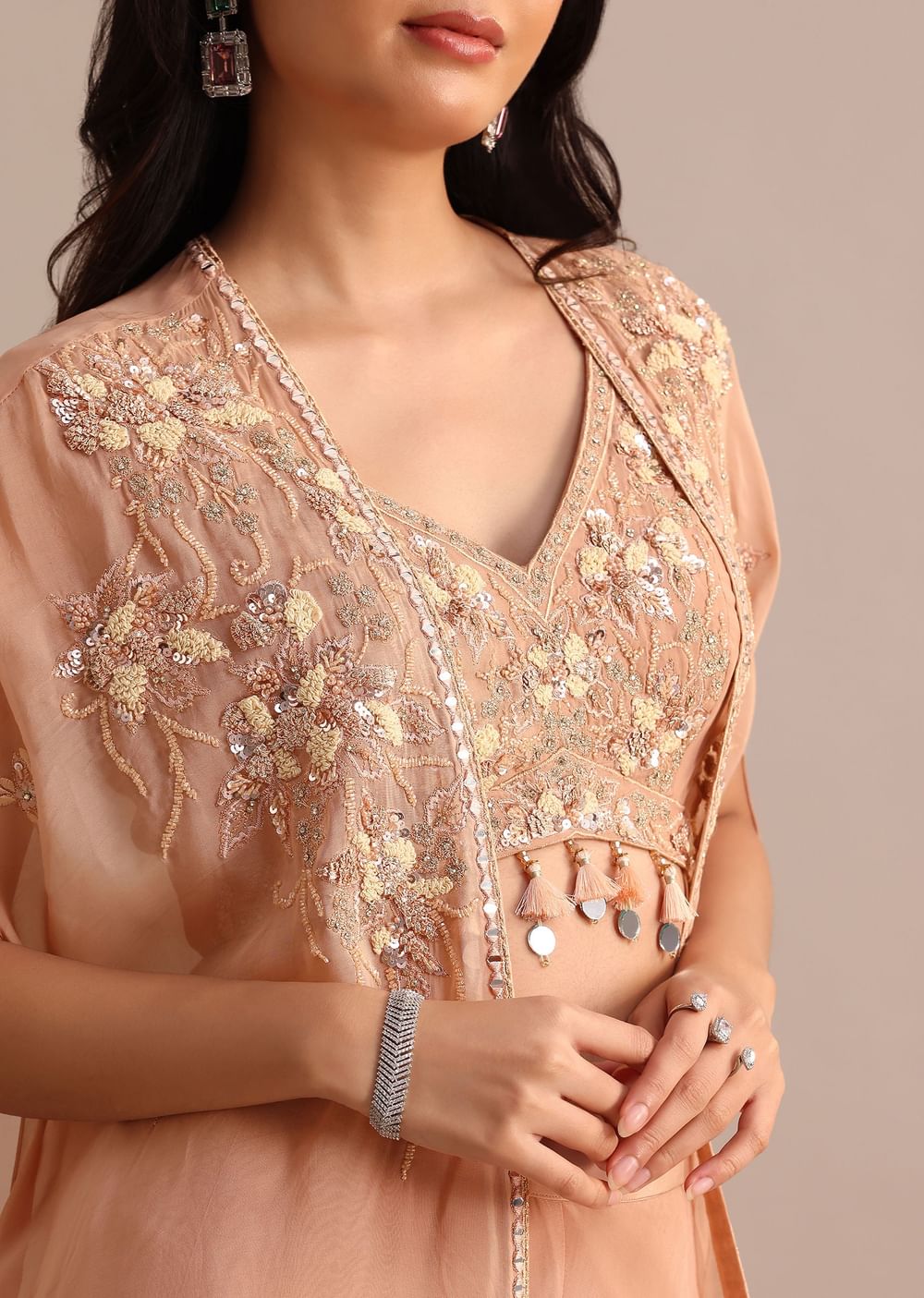 Peach Organza Crop Top Suit With Embroidered Jacket