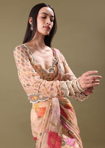 Peach Organza Pre Draped Saree With Embroidered Blouse