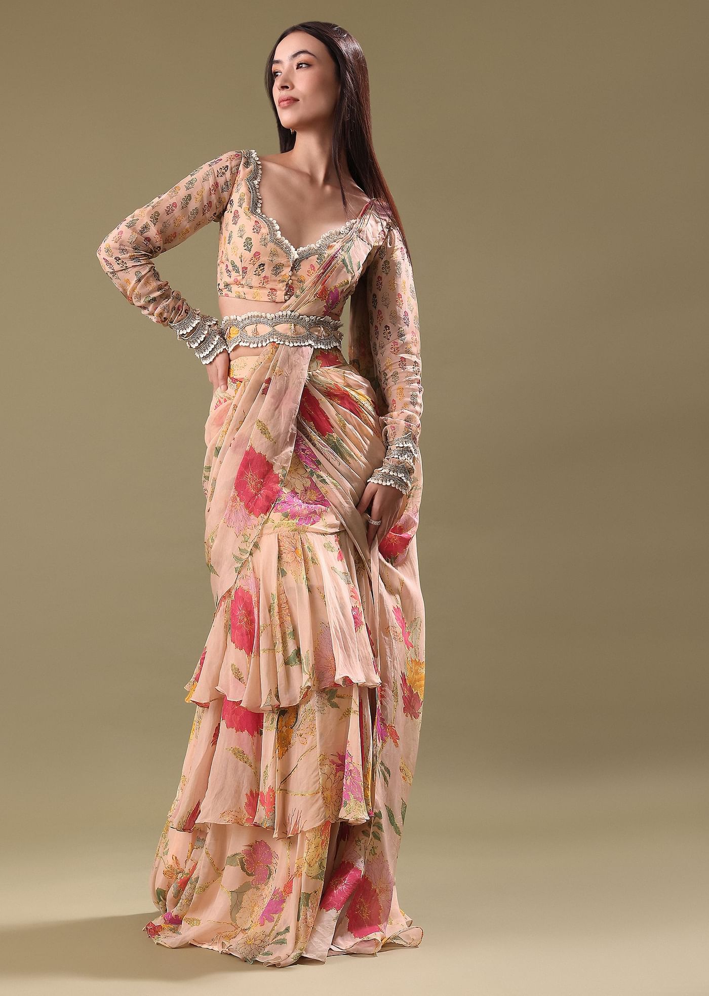Peach Organza Pre Draped Saree With Embroidered Blouse