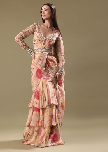 Peach Organza Pre Draped Saree With Embroidered Blouse