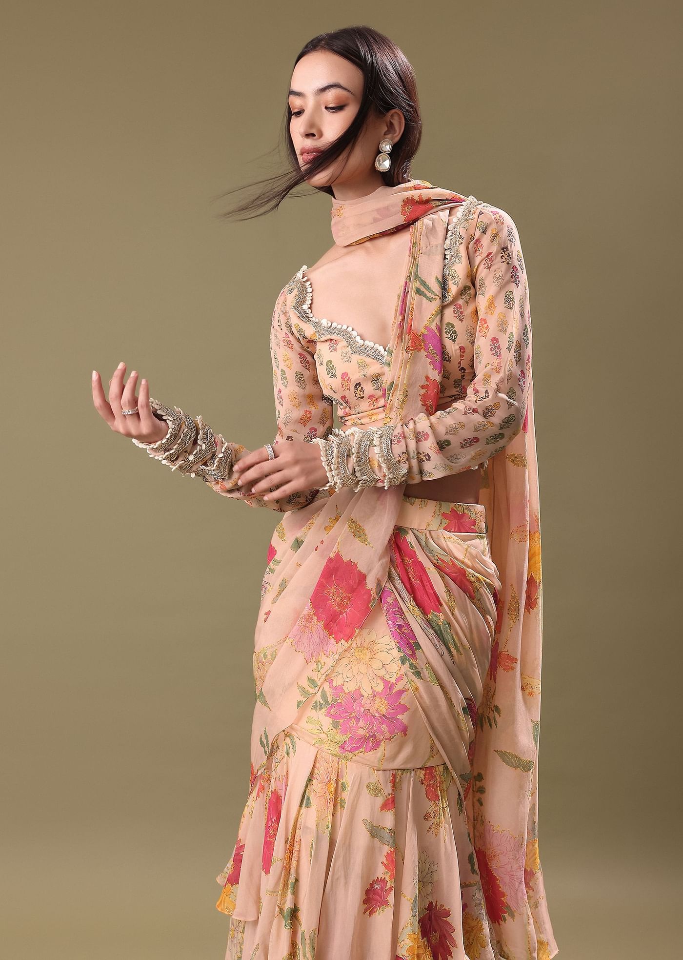 Peach Organza Pre Draped Saree With Embroidered Blouse