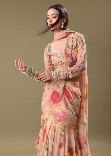 Peach Organza Pre Draped Saree With Embroidered Blouse
