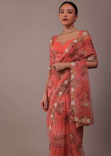 Peach Pink Floral Printed Saree In Organza With Cut Dana Butti All Over