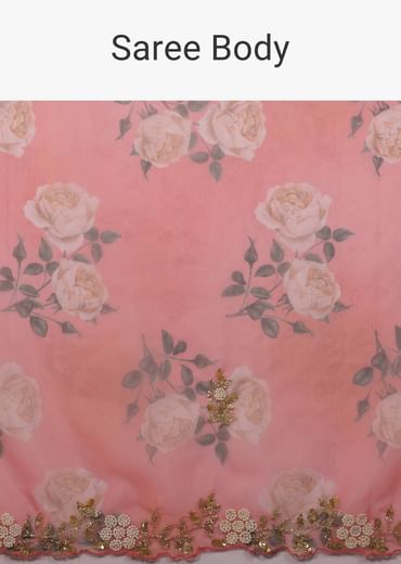 Peach Pink Floral Printed Saree In Organza With Cut Dana Butti All Over