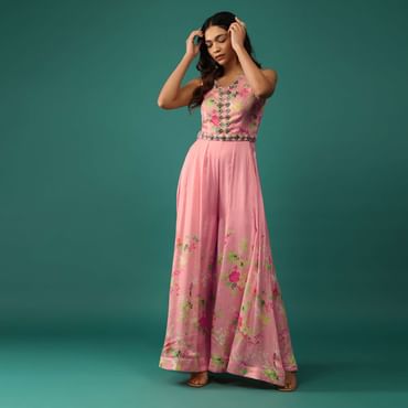 Peach Pink Jumpsuit In Mull Cotton With Embroidered Belt