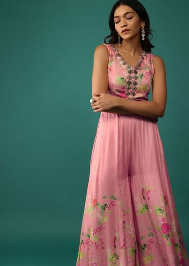 Peach Pink Jumpsuit In Mull Cotton With Embroidered Belt