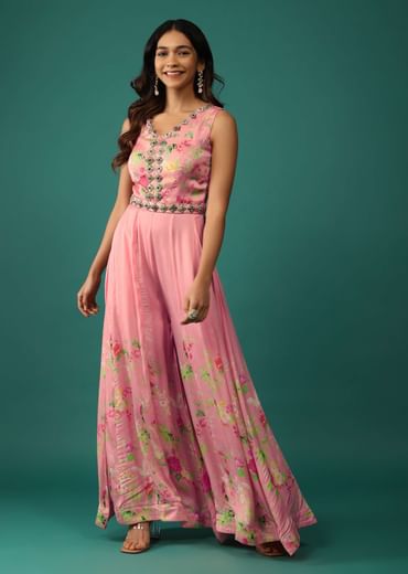 Peach Pink Jumpsuit In Mull Cotton With Embroidered Belt