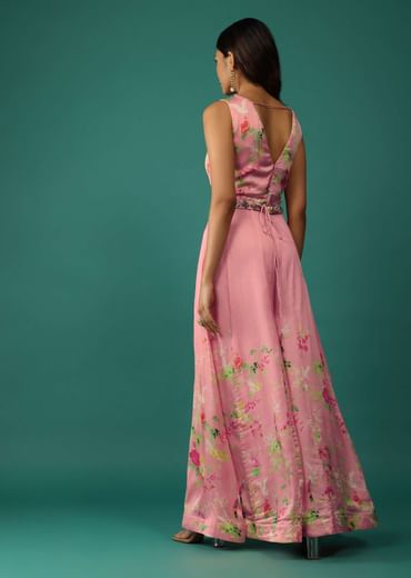Peach Pink Jumpsuit In Mull Cotton With Embroidered Belt