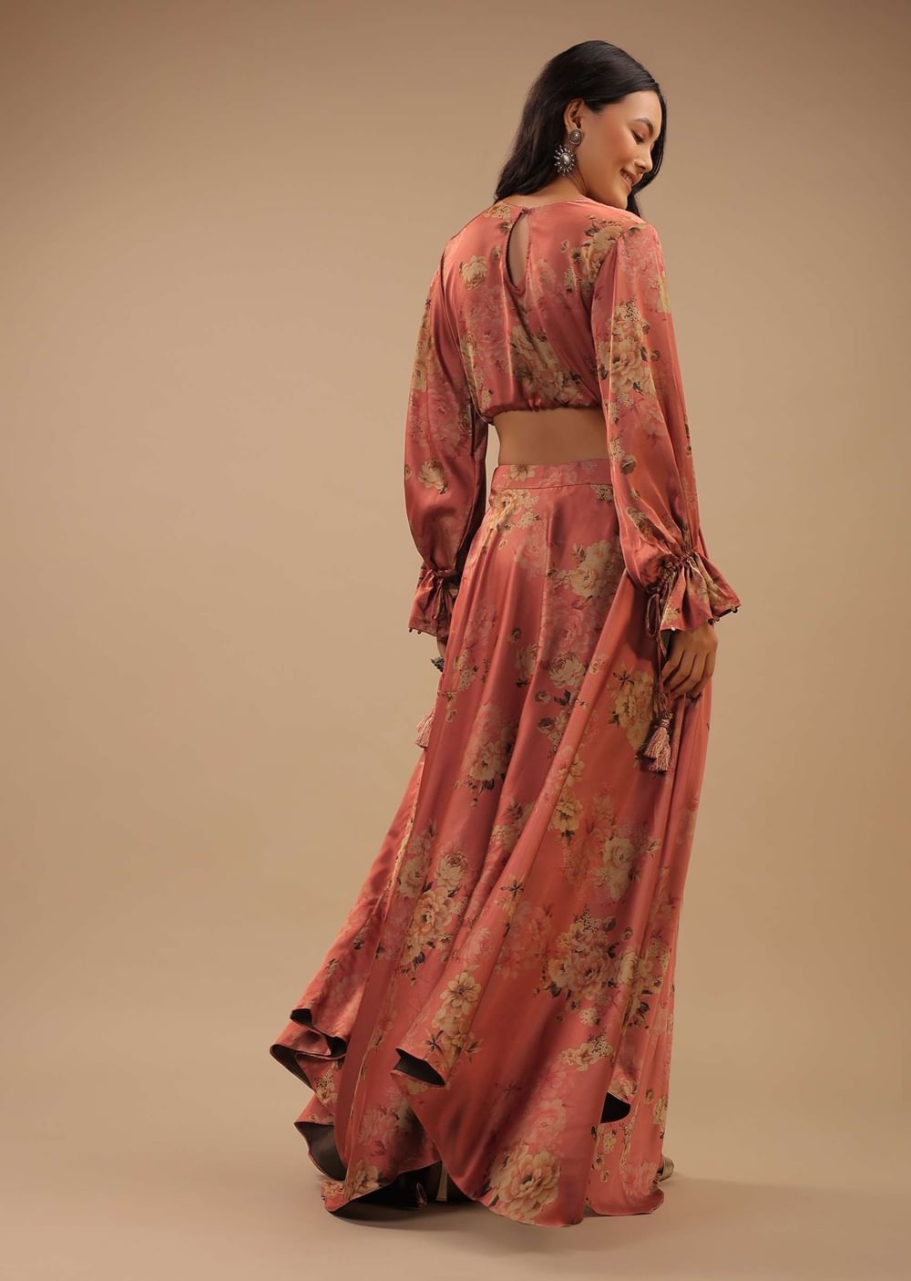Peach Pink Satin Blouse And Skirt With Floral Print, Peasant Sleeves And High Low Hemline