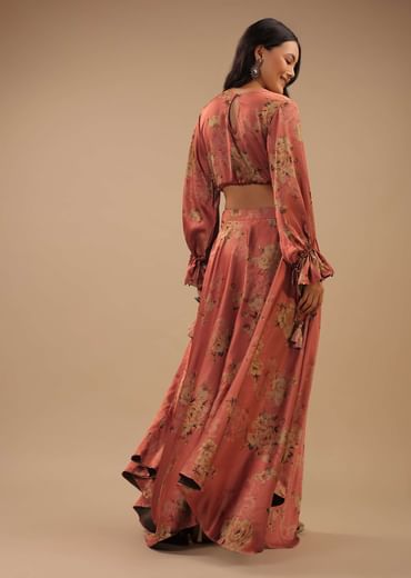 Peach Pink Satin Blouse And Skirt With Floral Print, Peasant Sleeves And High Low Hemline