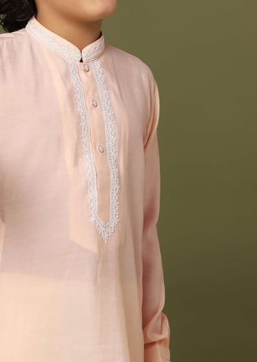 Peach Pink Silk Kurta And Pant Set With Threadwork