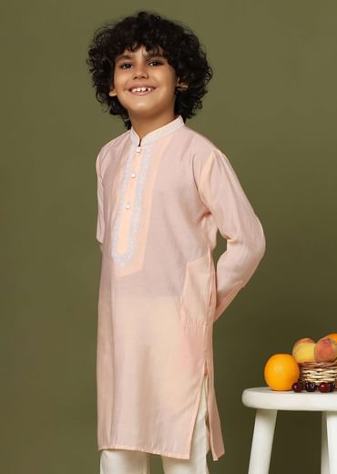 Peach Pink Silk Kurta And Pant Set With Threadwork
