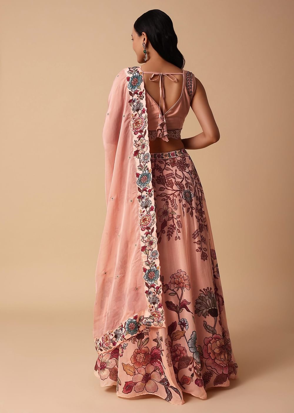 Peach Printed Lehenga With Embroidered Choli And Dupatta