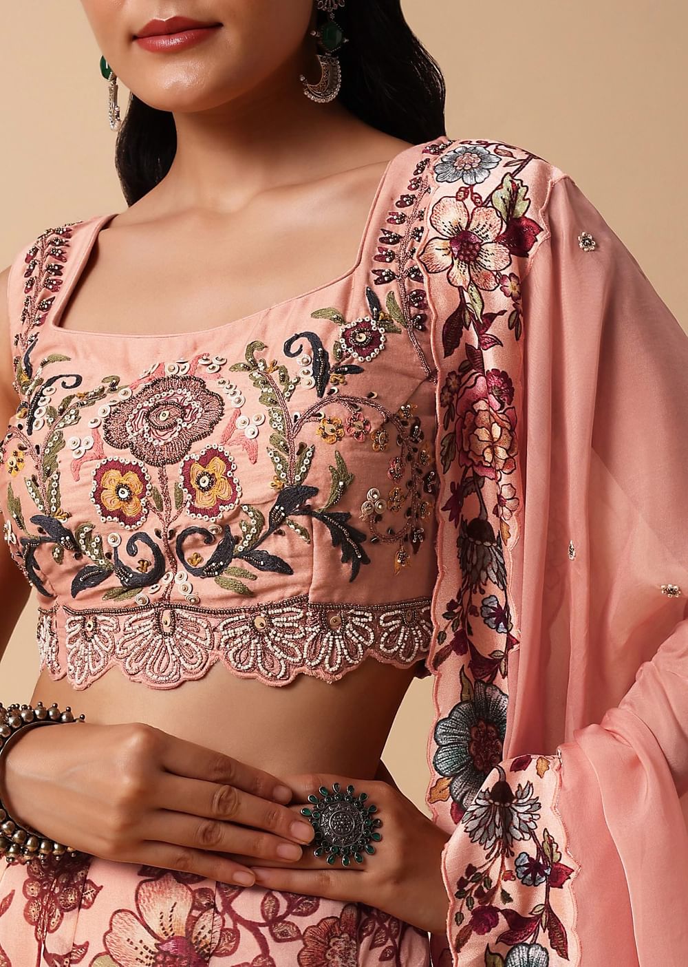 Peach Printed Lehenga With Embroidered Choli And Dupatta