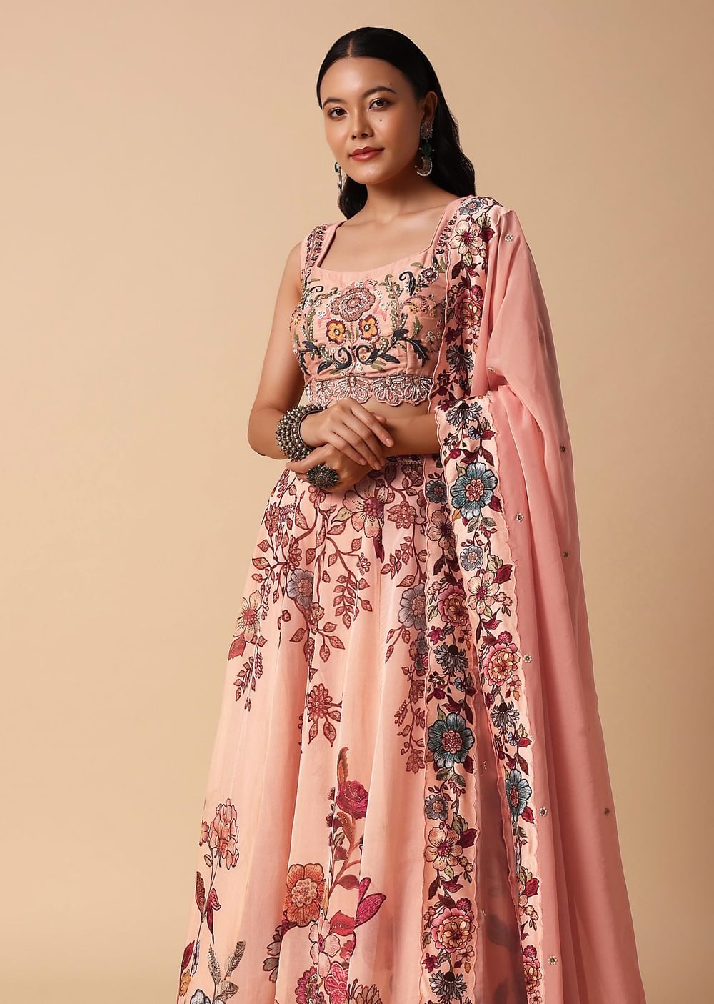 Peach Printed Lehenga With Embroidered Choli And Dupatta