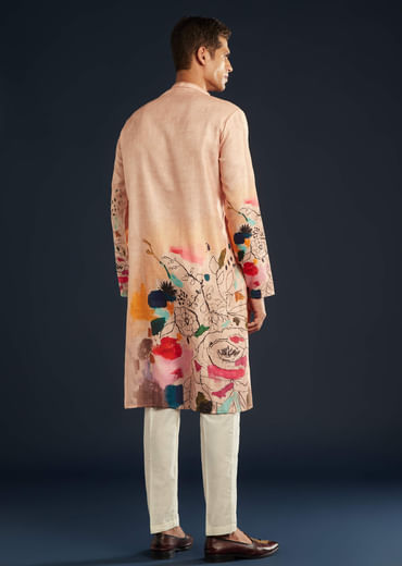 Peach Printed Silk Kurta Set