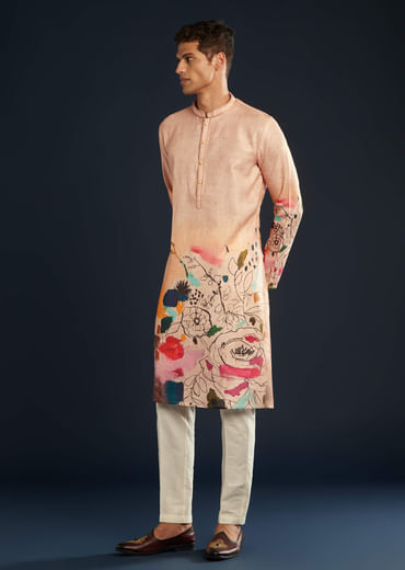 Peach Printed Silk Kurta Set