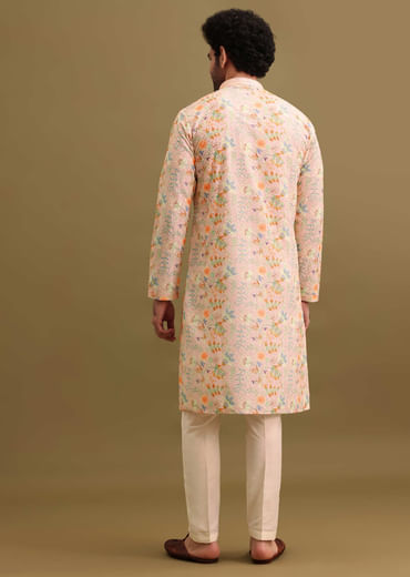Peach Printed Silk Kurta Set For Men
