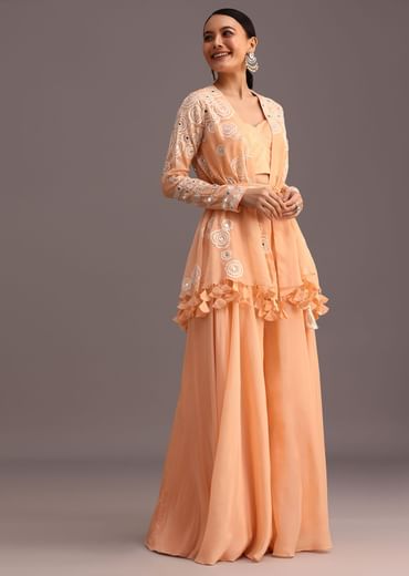 Peach Resham Work Jacket And Croptop Palazzo Set