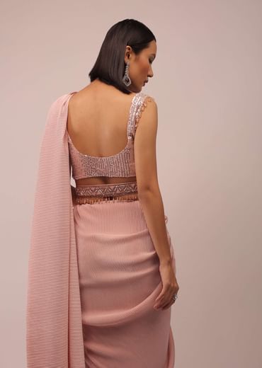 Peach Saree With A Crop Top Crafted In Net With Sequins Embroidery