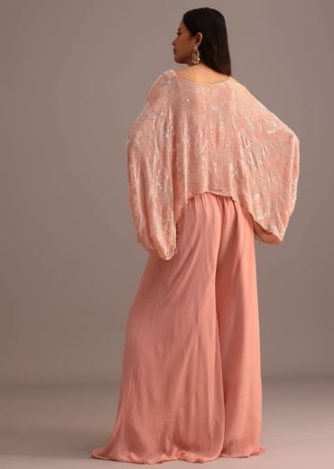 Peach Sequins Cape And Crop Top Palazzo Set