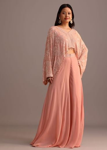Peach Sequins Cape And Crop Top Palazzo Set