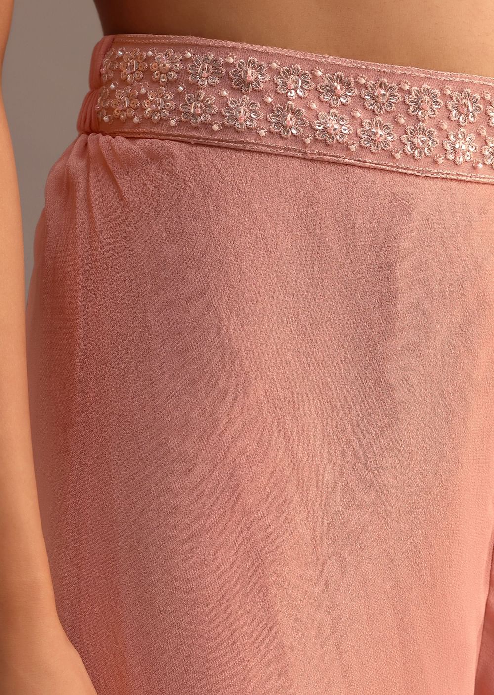 Peach Sequins Cape And Crop Top Palazzo Set