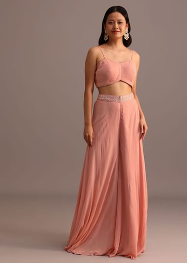 Peach Sequins Cape And Crop Top Palazzo Set