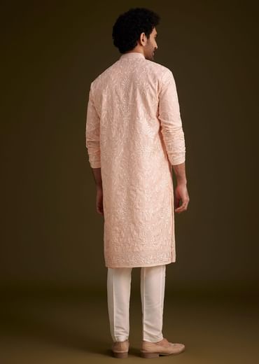 Peach Silk Embroidered Kurta Set