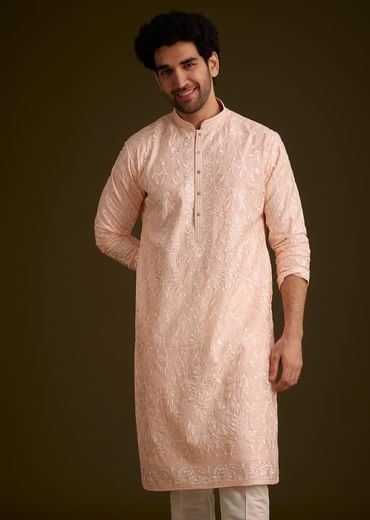 Peach Silk Embroidered Kurta Set