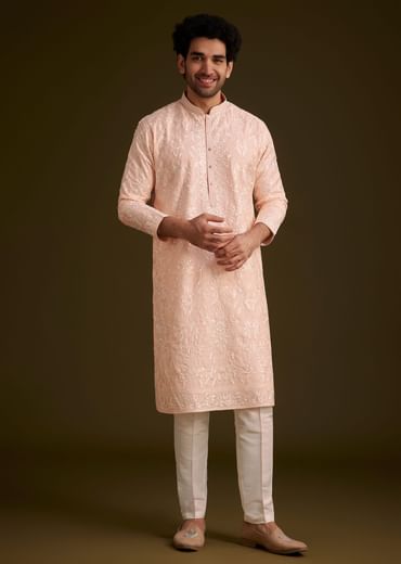 Peach Silk Embroidered Kurta Set
