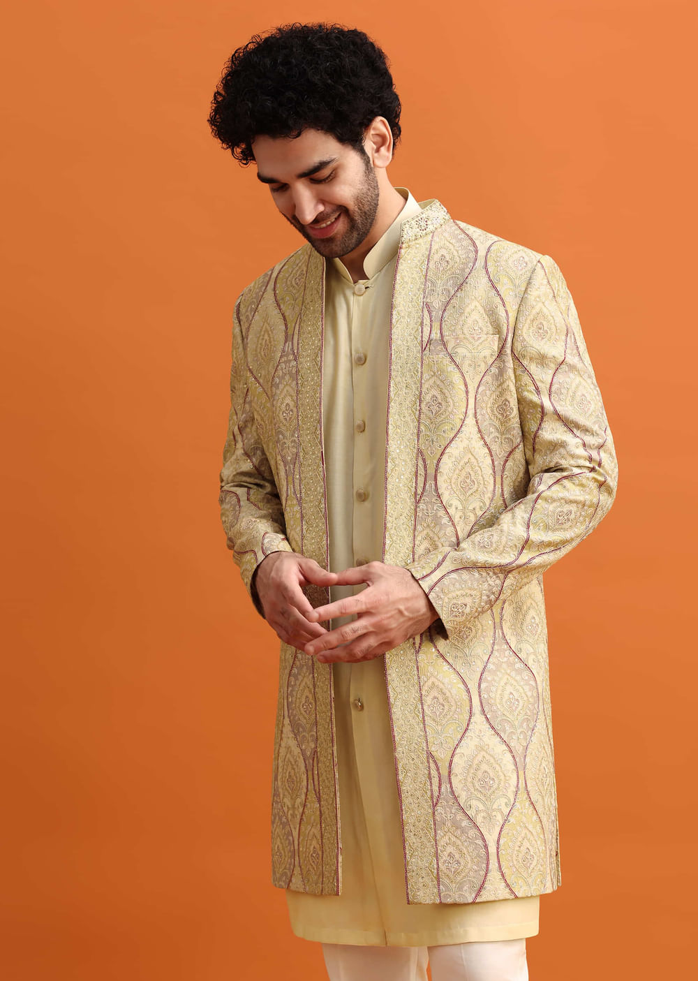 Peach Silk Indowestern Set With Hand Work For Men